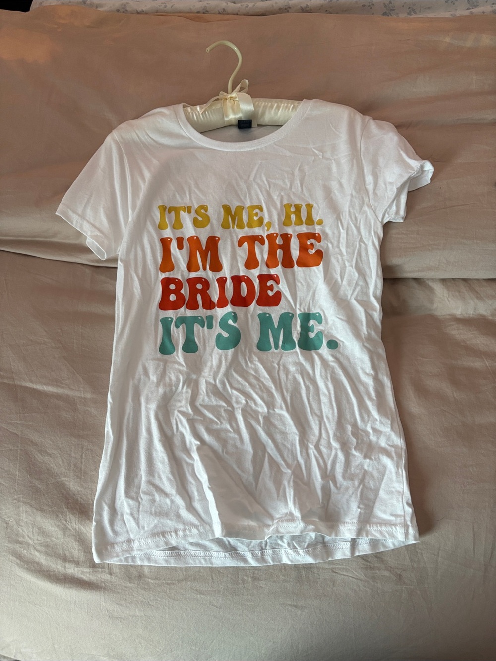 Gildan White Tee with Yellow Orange Red and Teal Lettering